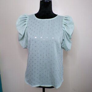 Mint Puff Sleeve Swiss Dot Blouse – Button Back Detail